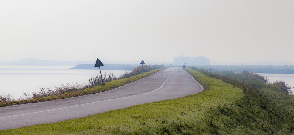 Cycling road through the Po River Delta wetlands in Italy